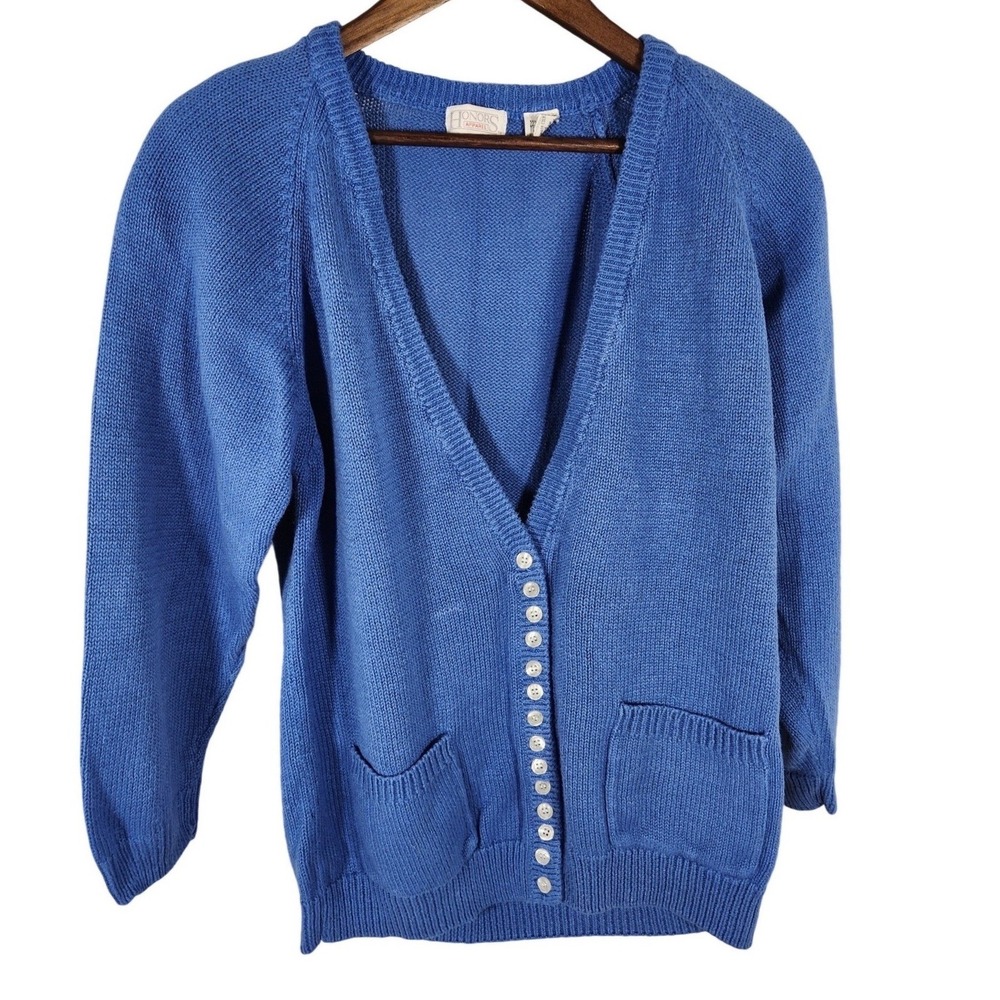 VTG 1980s Honors Apparel Cerulean Blue Cotton V-Neck Grandpa Cardigan Medium